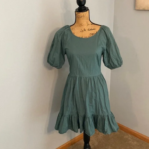 Peter Som Dark Green-Blue Mini Dress Puff Sleeves Women Size 6 - Picture 3 of 15